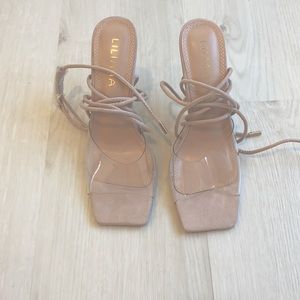 New never worn nude lace up square toe heels
